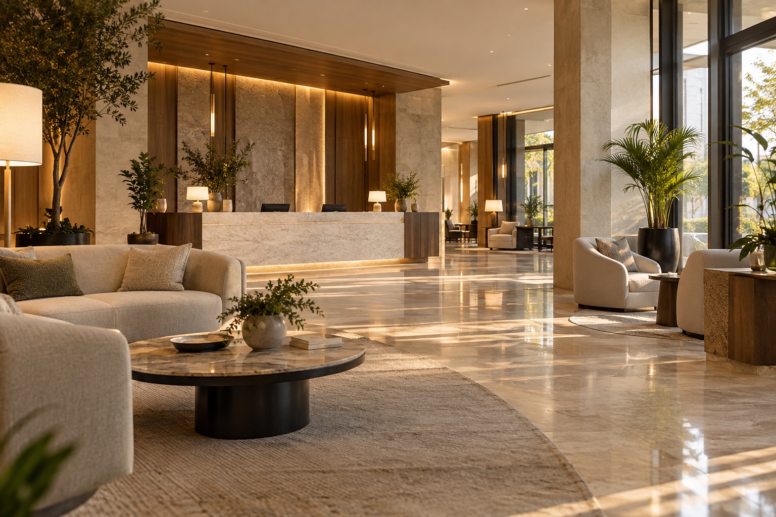 Sıcak doğal ışık alan bir otel lobisi