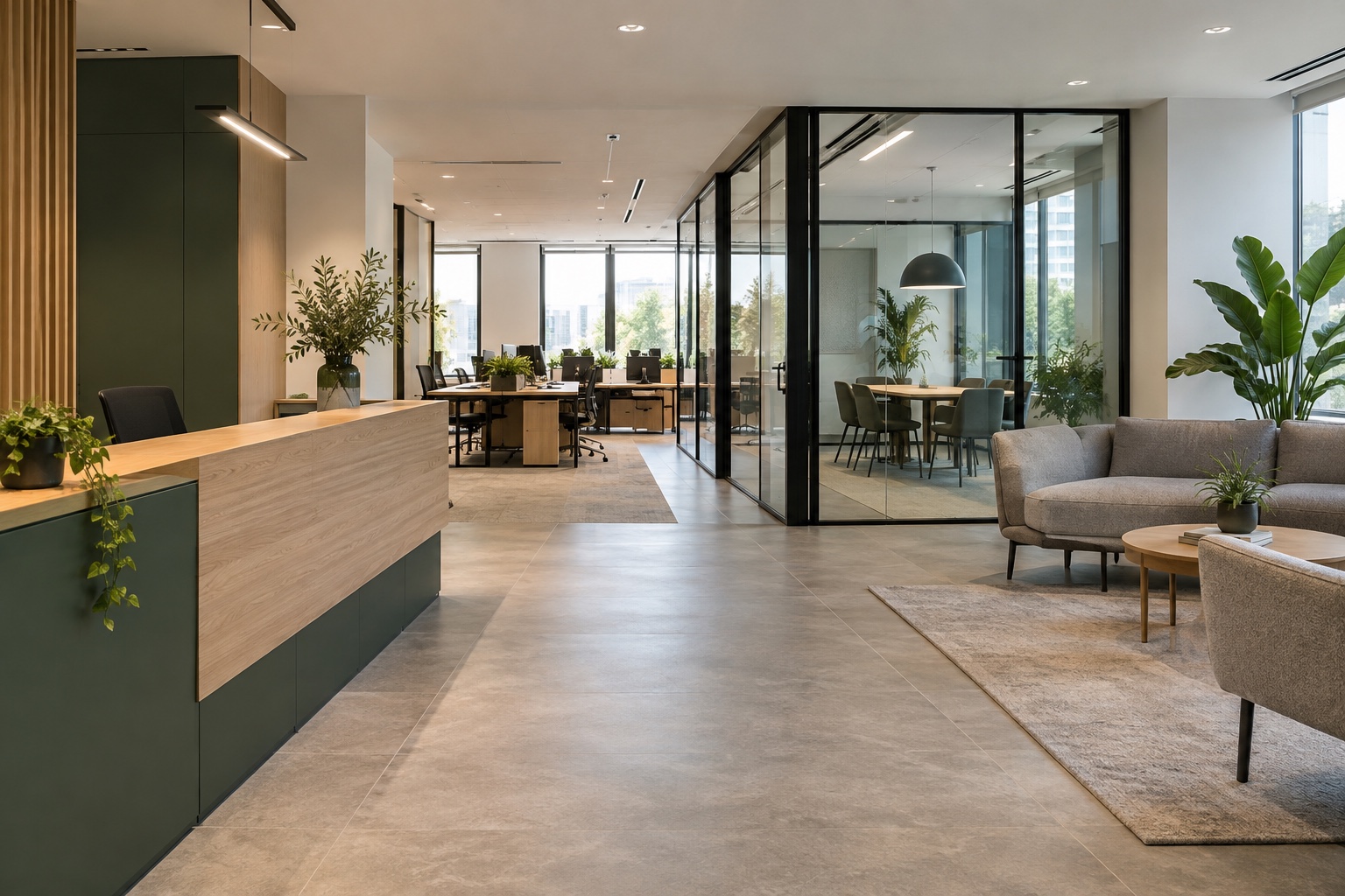 Cam bölmelerle ayrılmış aydınlık bir ofis