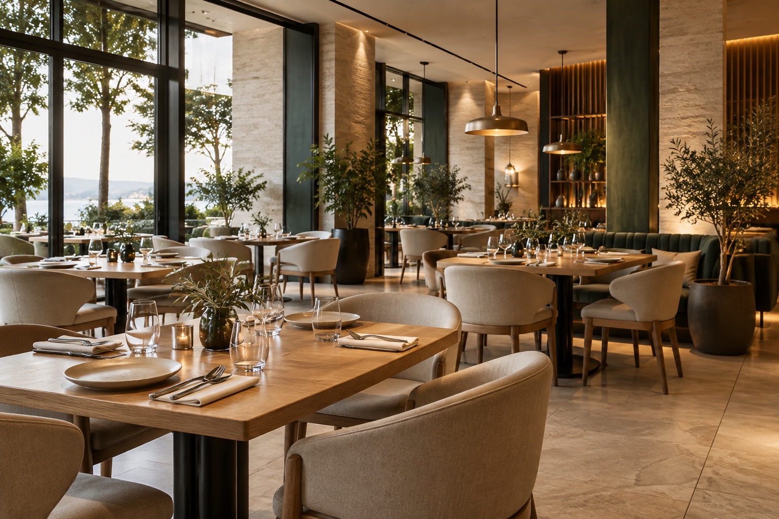 Ahşap masalar ve bitkilerle düzenlenmiş modern bir restoran